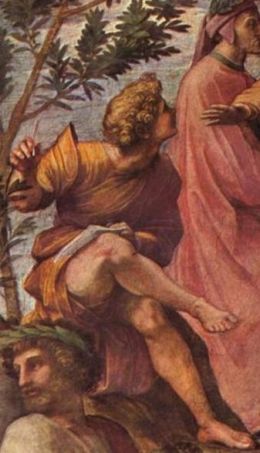 Quintus Ennius - By (Raphael) Stanza della Segnatura im Vatikan für Papst Julius II., Wandfresko, Szene: Der Parnaß [GFDL (http://www.gnu.org/copyleft/fdl.html)], via Wikimedia Commons